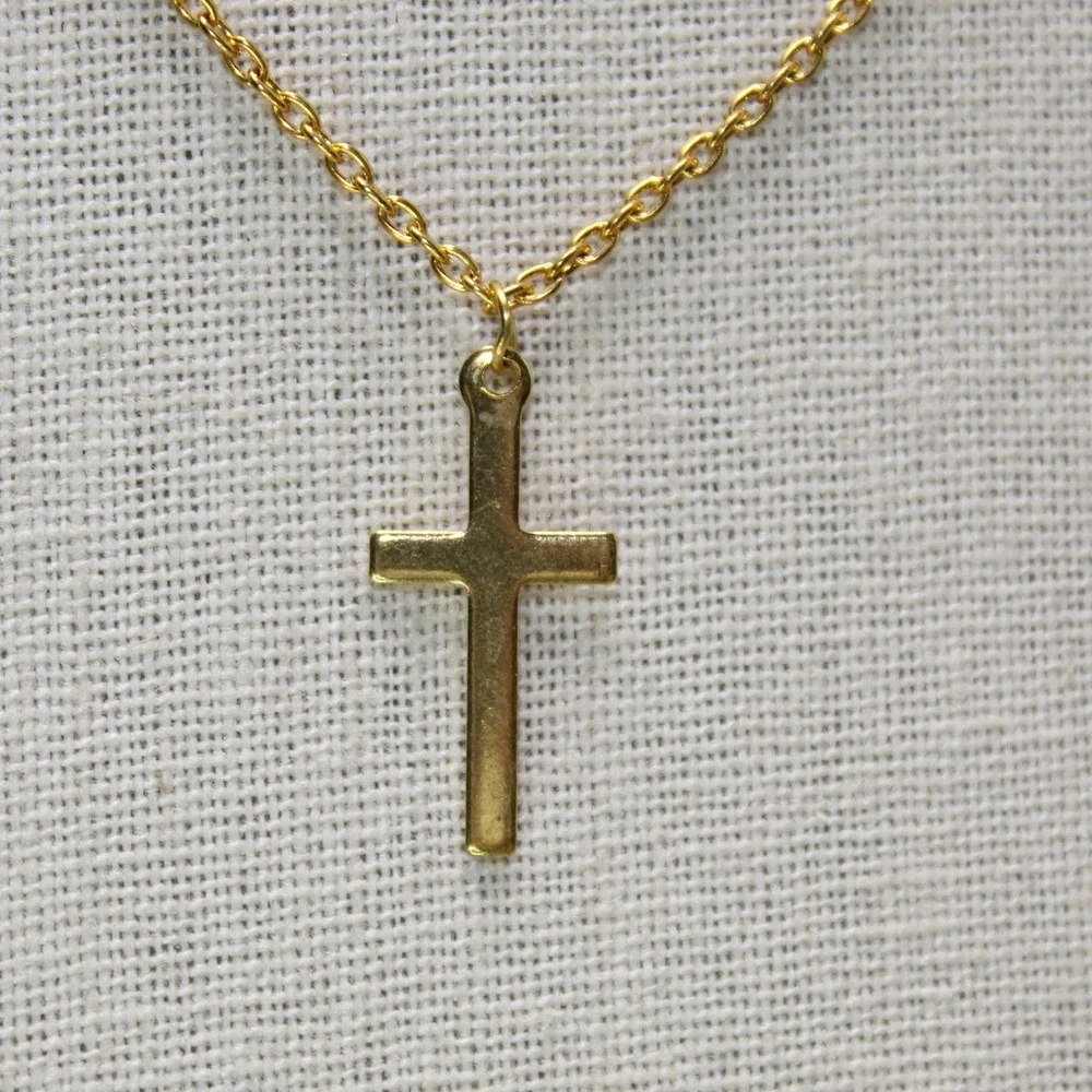 Cross Pendant Necklace 17 Inch Gold Tone Minimalist Religious Jewelry Charm